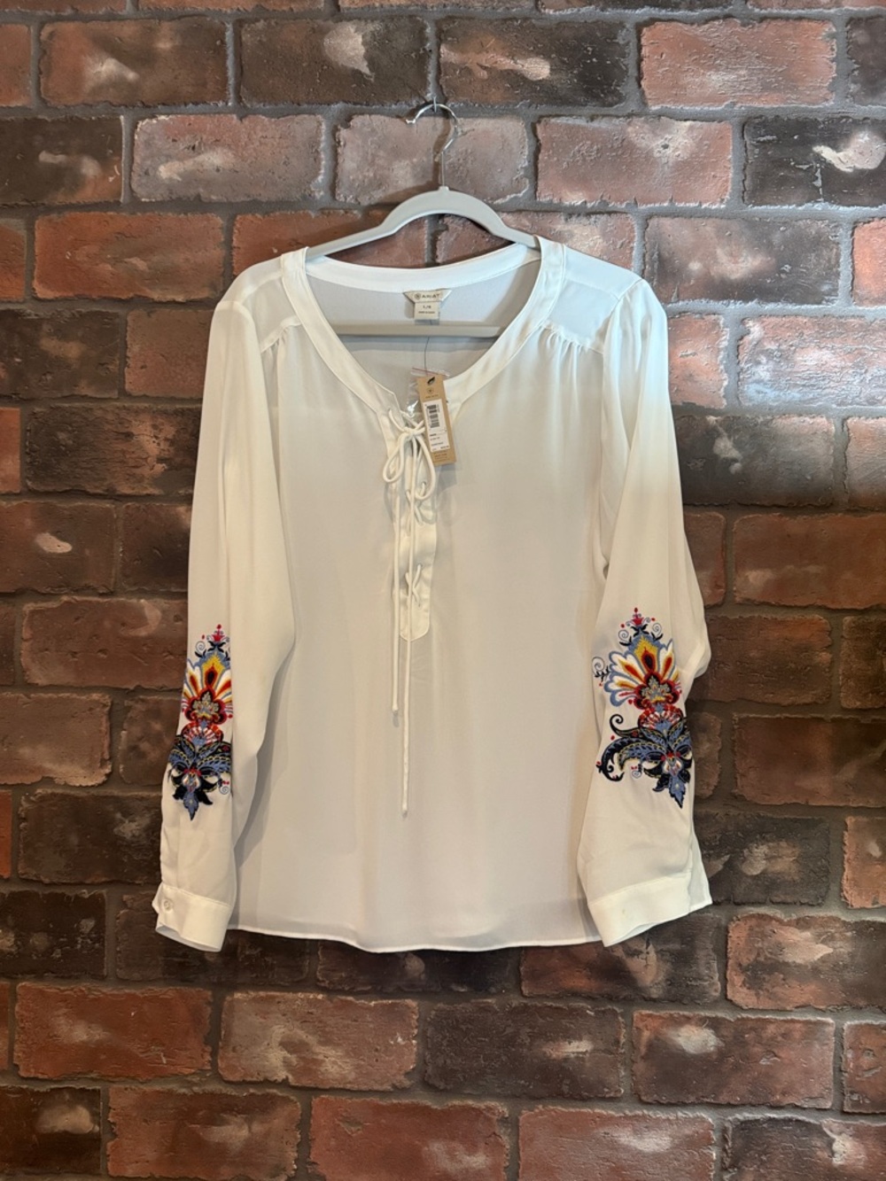 Ariat White Tie-Front Blouse with Multicolor Embroidered Sleeves